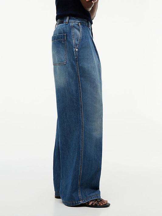 Pleated Mid Rise Wide Leg Jeans
