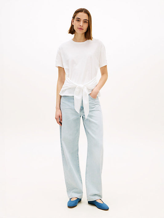 Self-Tie Textured Relaxed Crew Neck T-Shirt