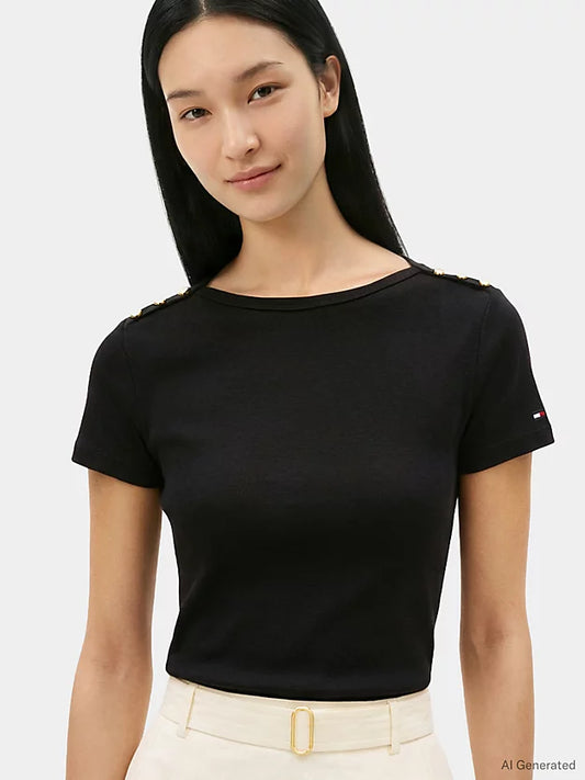 Gold-Tone Button Slim Boat Neck T-Shirt