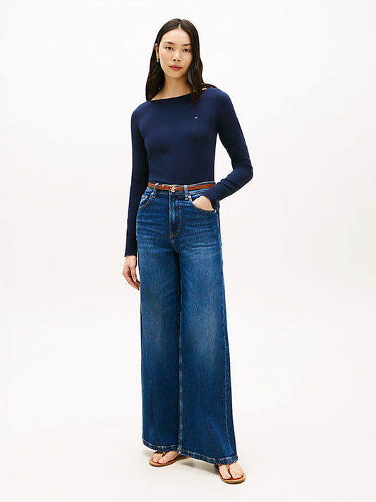 Gold-Tone Button Jersey Boat Neck Jumper