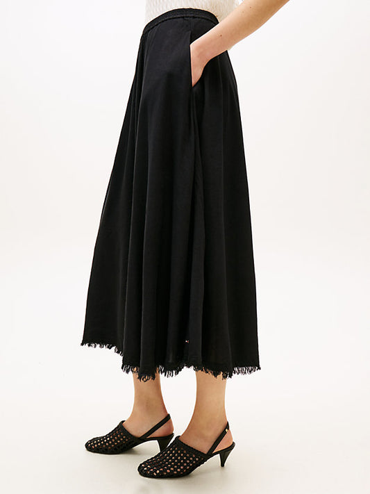 Pleated Linen Blend Midi A-Line Skirt