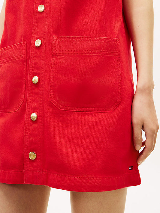 Gold-Tone Button Denim Mini Shift Dress