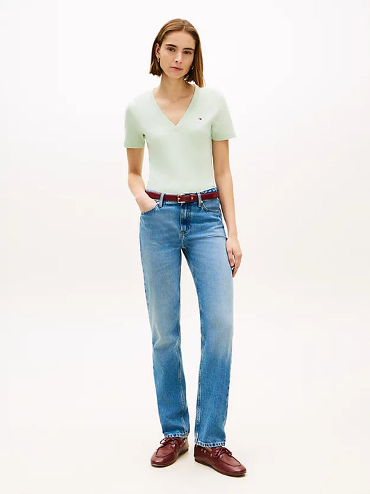Flag Embroidery Slim V-Neck T-Shirt