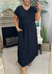 Damen Maxikleid mit kurzen Ärmeln und Taschen (2 kaufen, kostenloser Versand)
