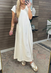 Damen Maxikleid mit kurzen Ärmeln und Taschen (2 kaufen, kostenloser Versand)