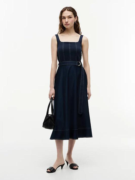 Topstitch Square Neck Belted Midi Dress