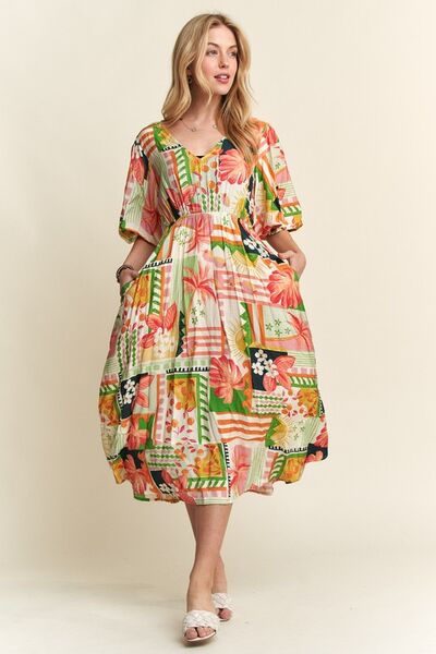 ADORA Florales Midi-Kleid mit V-Ausschnitt und Puffärmeln