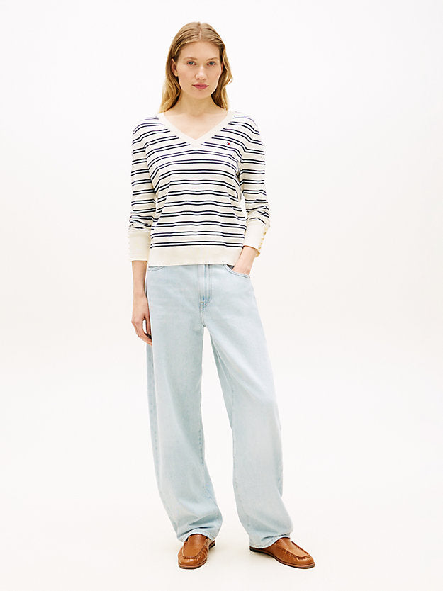 Gold-Tone Button Cuff V-Neck Jumper