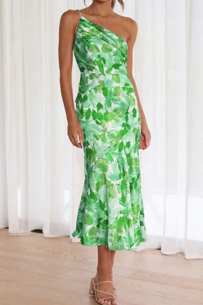Robe midi asymétrique imprimée froncée