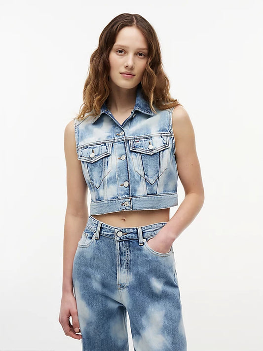 Tie-Dye Denim Cropped Trucker Vest
