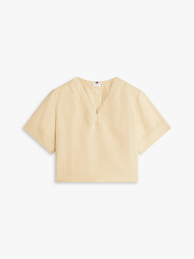 Relaxed Fit Linen Blend Short Sleeve Blouse