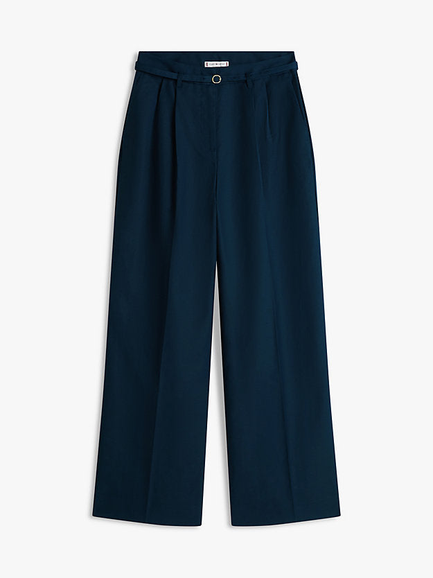 Linen Blend Belted Wide Leg Trousers