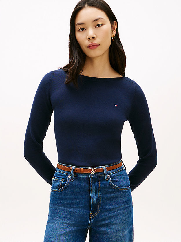 Gold-Tone Button Jersey Boat Neck Jumper