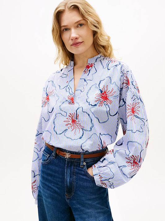Relaxed Fit Poplin V-Neck Blouse
