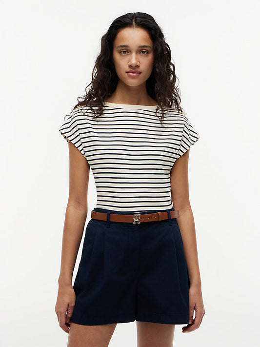 Gold-Tone Button Boat Neck T-Shirt