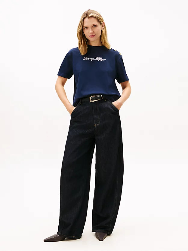Gold-Tone Button Logo Embroidery Relaxed T-Shirt