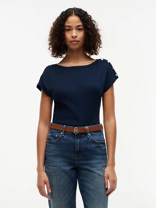 Gold-Tone Button Boat Neck T-Shirt