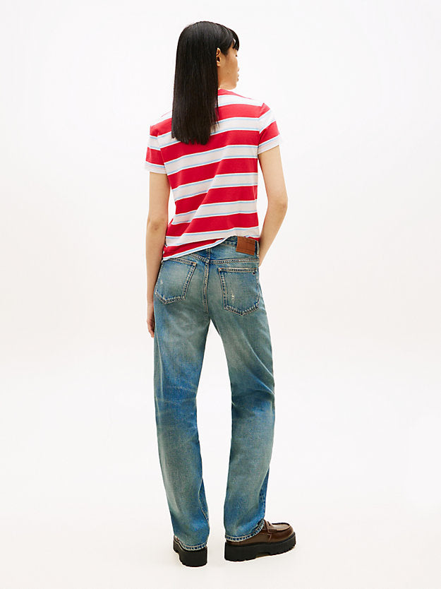 Distressed Mid Rise Slim Straight Leg Jeans