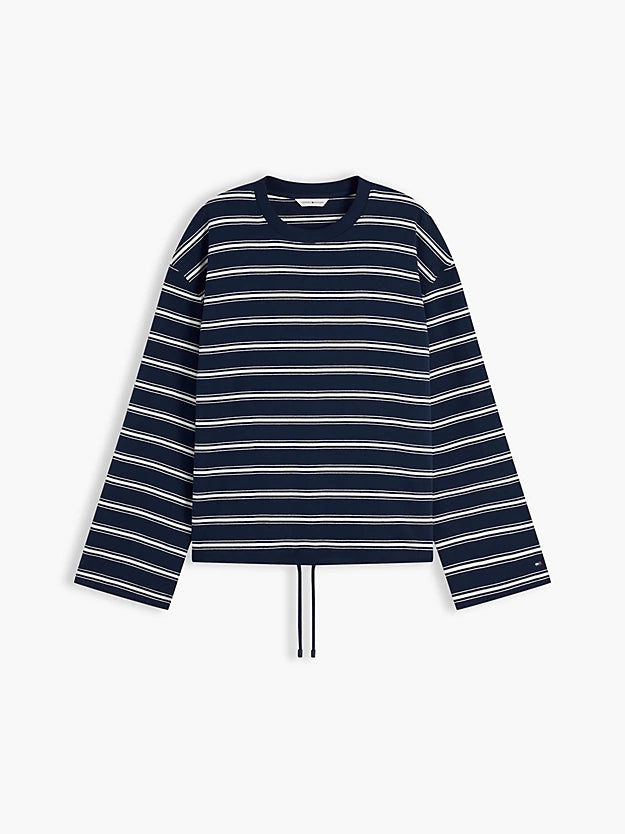 Stripe Drawstring Hem Long Sleeve T-Shirt