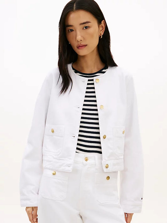 Gold-Tone Button Collarless Denim Jacket