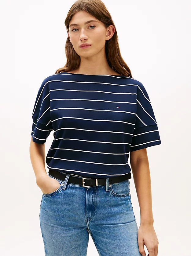 Boat Neck Grown-On Sleeve T-Shirt