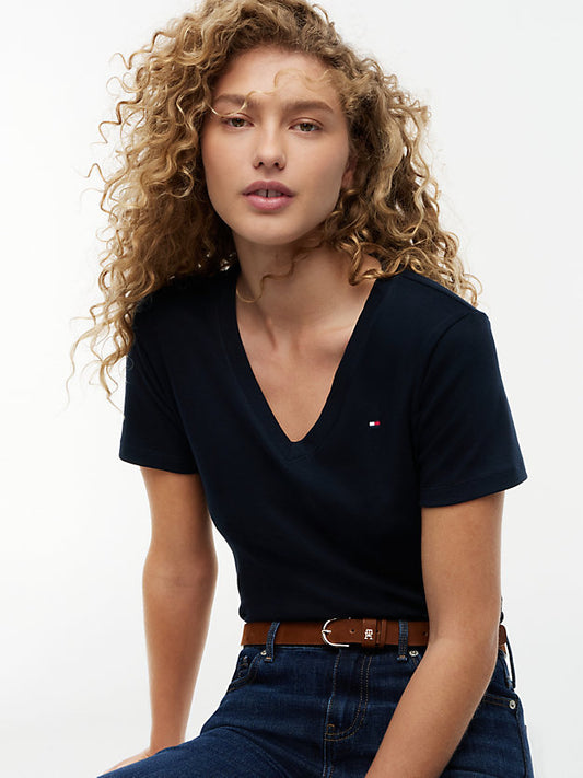Flag Embroidery Slim V-Neck T-Shirt