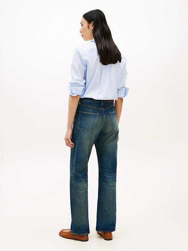Whiskered Mid Rise Loose Straight Leg Jeans
