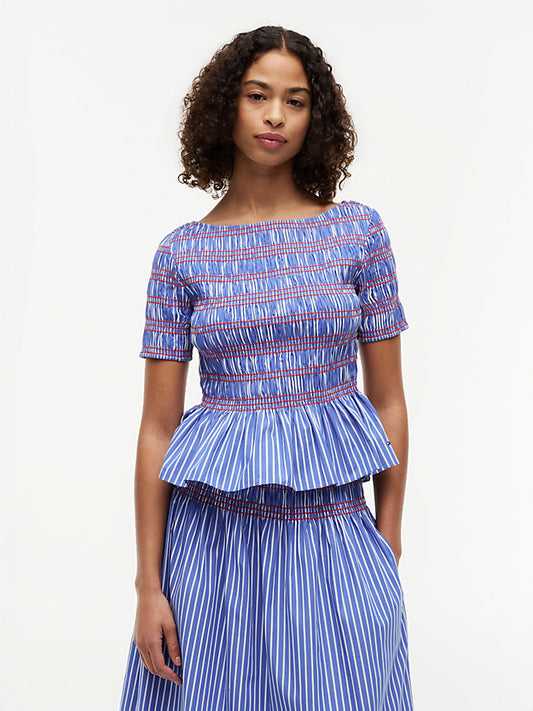 Smock Stripe Ruffle Boat Neck Top