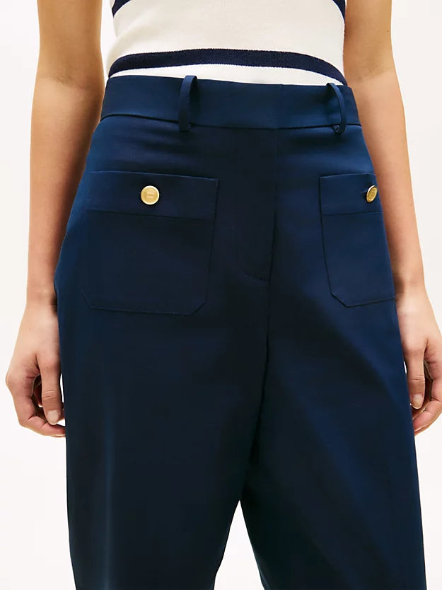 Crest Embossed Button Wide Leg Chinos