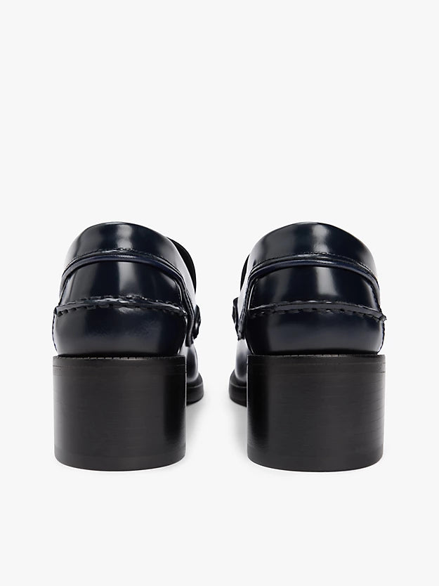 Shiny Leather Block Heel Penny Loafers