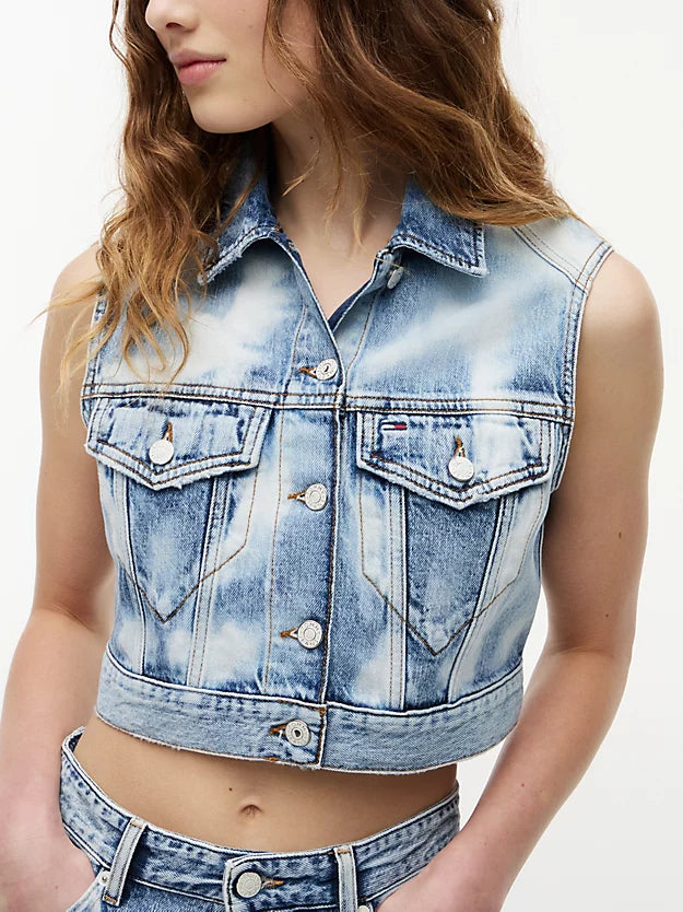 Tie-Dye Denim Cropped Trucker Vest