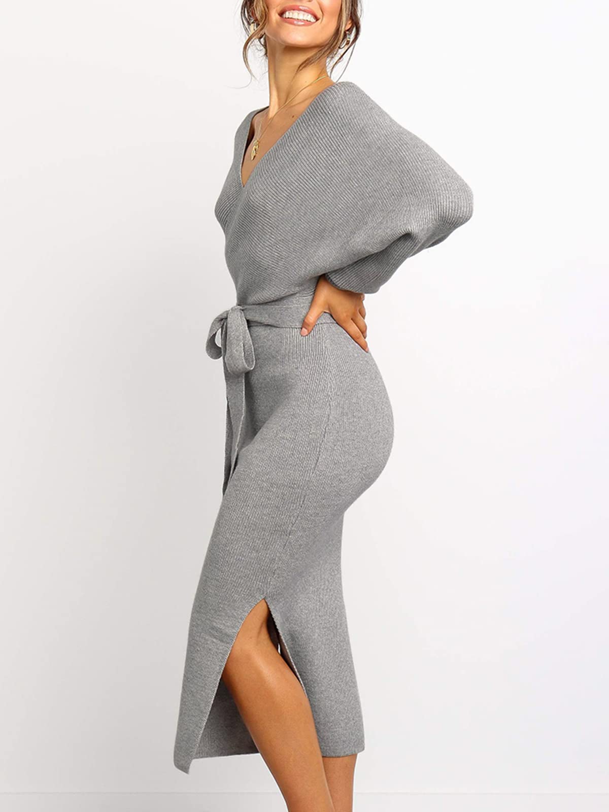Damen Wickelkleider mit V-Ausschnitt und Schlitz (2 kaufen, kostenloser Versand)