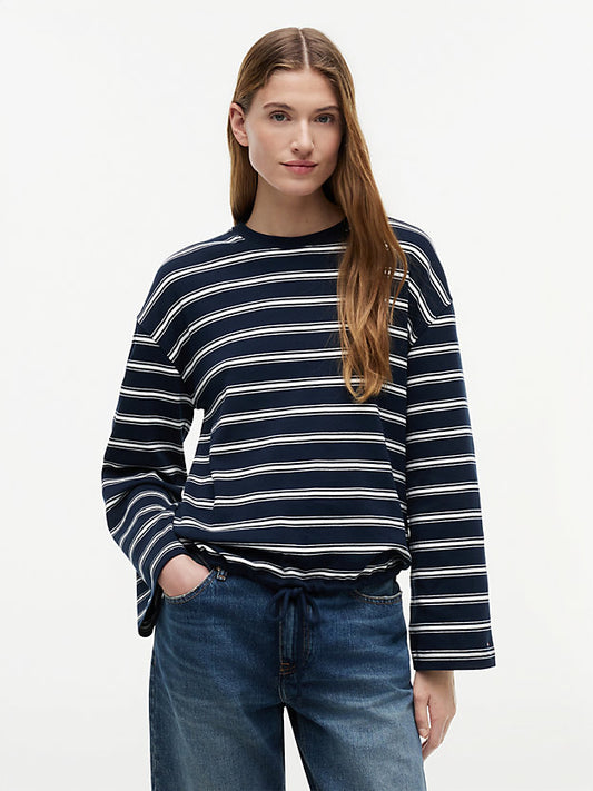 Stripe Drawstring Hem Long Sleeve T-Shirt