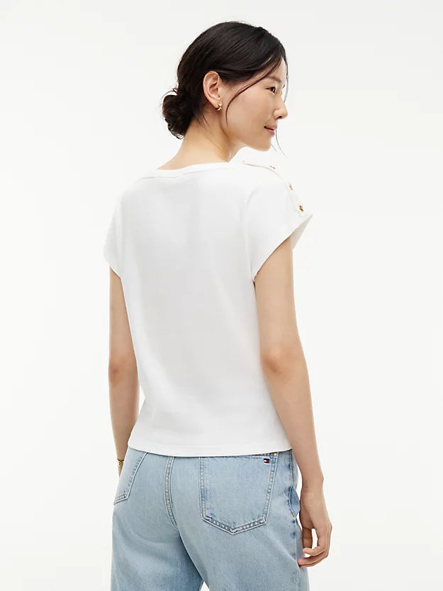 Gold-Tone Button Boat Neck T-Shirt