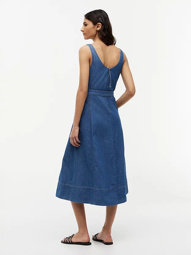 Belted Denim Fit And Flare Midi Dress
