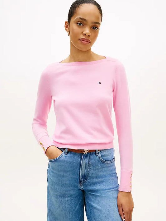 Gold-Tone Button Jersey Boat Neck Jumper
