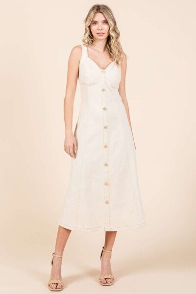 Robe midi sans manches en sergé stretch avec boutons décoratifs Mittoshop