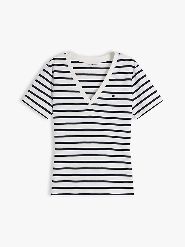 Flag Embroidery Slim V-Neck T-Shirt