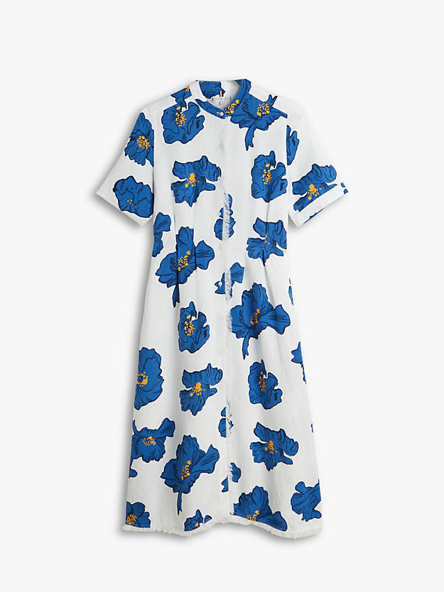 Frayed Linen Blend Midi Shirt Dress