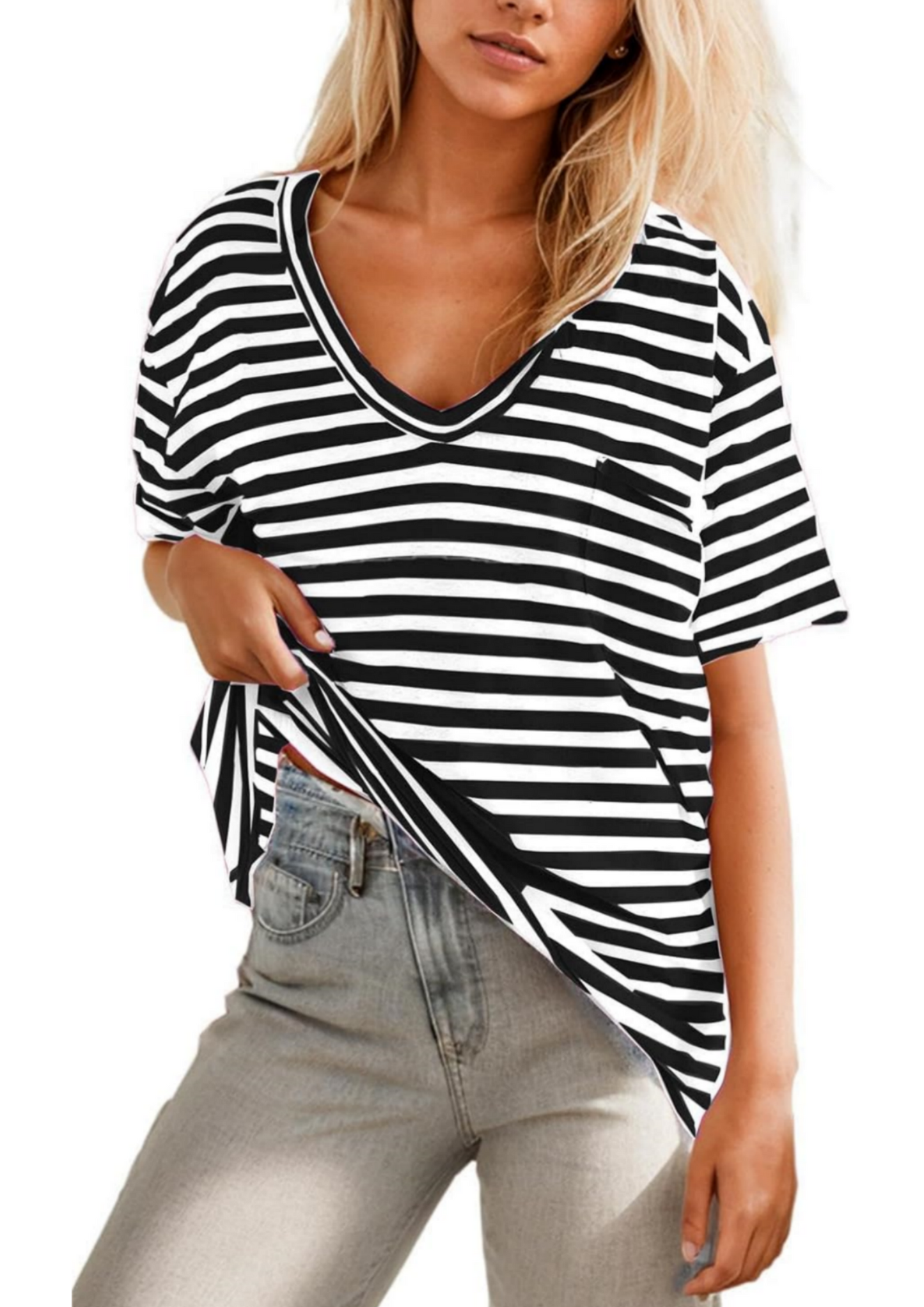 T-shirt Rayé Col V Profond Femme (3 achetés = livraison gratuite)