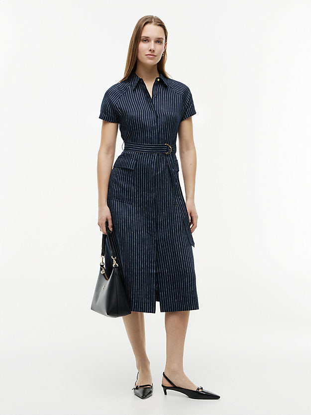Gold-Tone Button Pinstripe Dress WiLinen