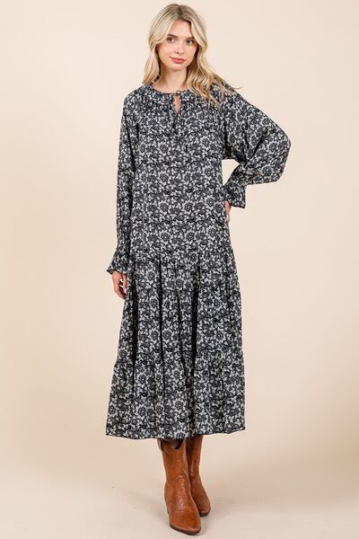 Robe midi à imprimé, col lavallière et manches volantées Mittoshop