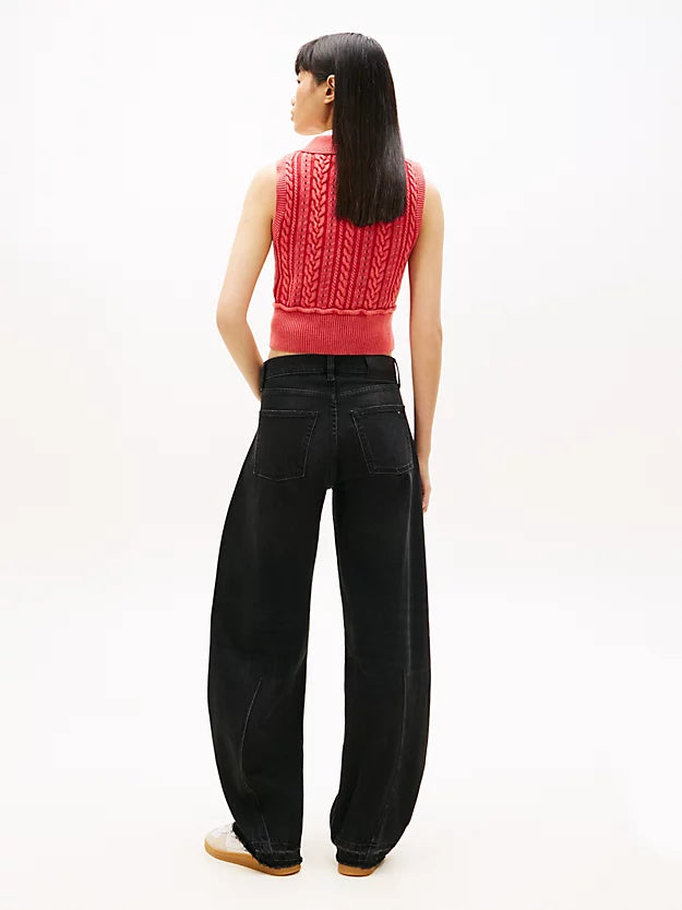 Mid Rise Twist Seam Barrel Leg Black Jeans