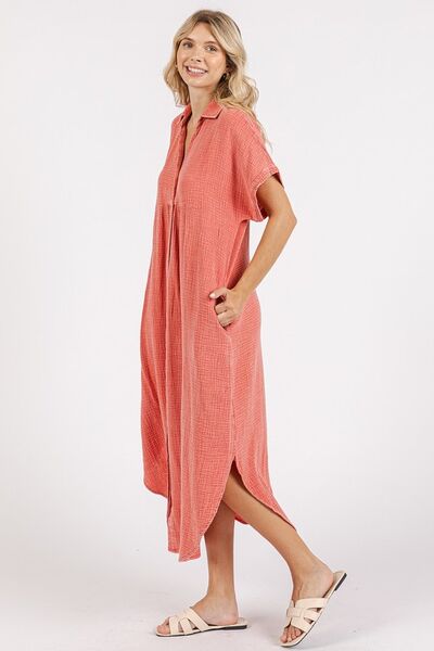 Robe chemise mi-longue boutonnée en coton délavé à col en V Mittoshop