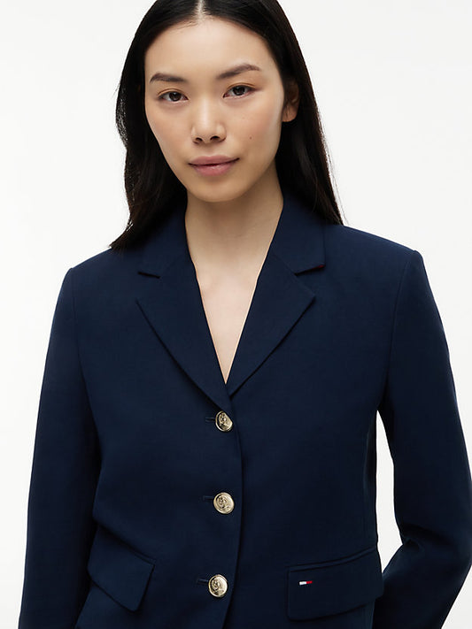 Gold-Tone Button Regular Fit Cropped Blazer