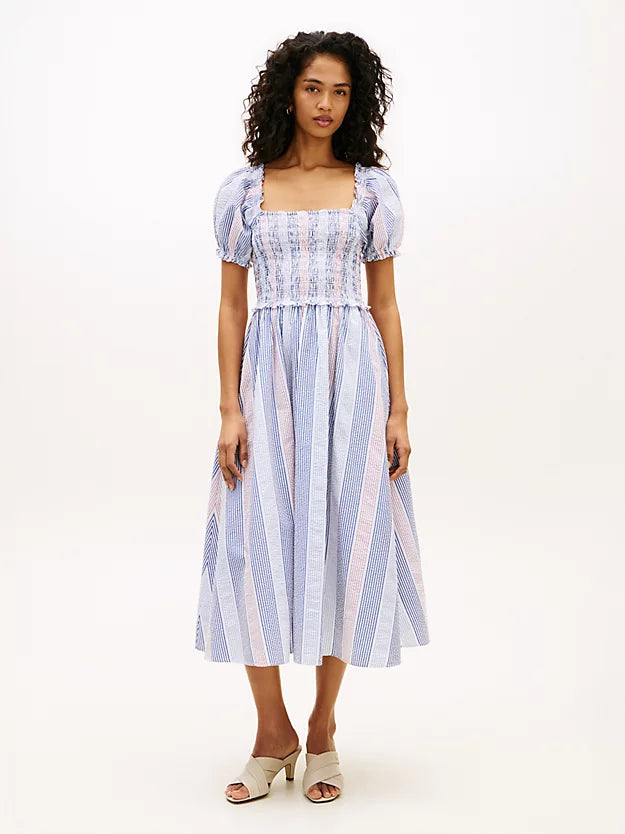 Seersucker Stripe Short Sleeve Midi Dress
