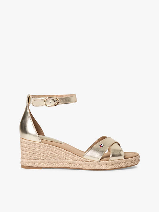 Metallic Leather Crossover Strap Wedge Espadrilles