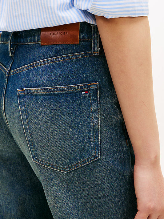 Whiskered Mid Rise Loose Straight Leg Jeans