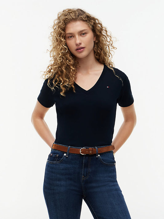 Flag Embroidery Slim V-Neck T-Shirt