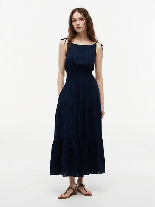 Self-Tie Strap Smock Midi Dress